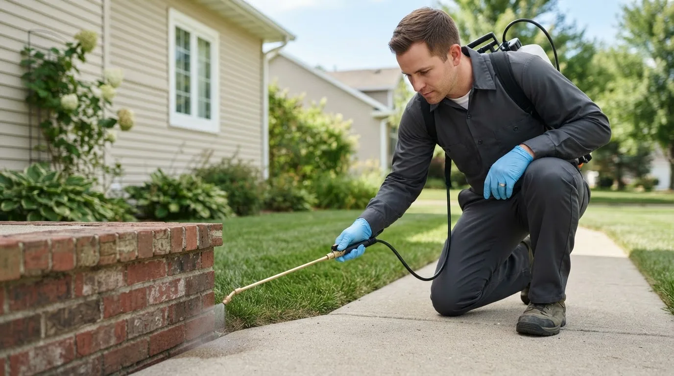 Pest control technician treating a home near Waterford, PA